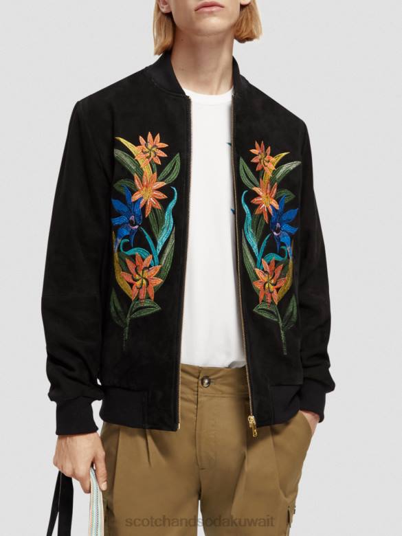 ملابس Scotch & Soda سترة بومبر مطرزة من جلد الغزال أسود رجال N0V4563