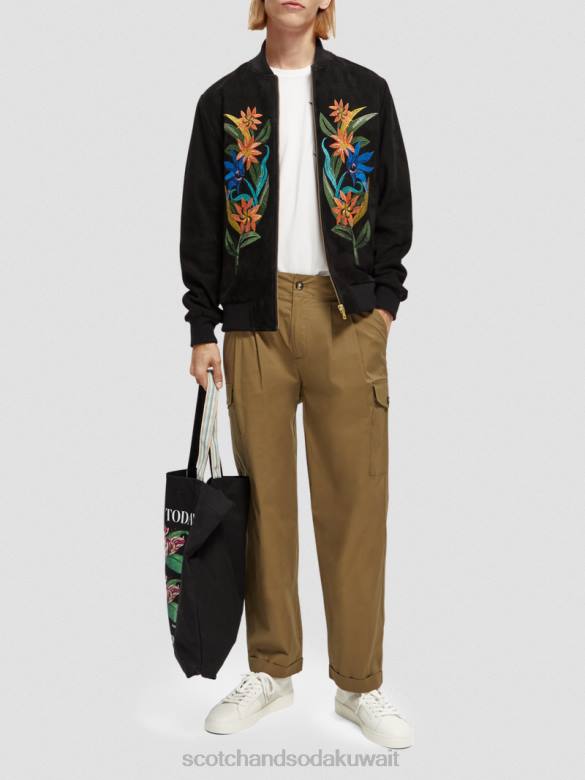 ملابس Scotch & Soda سترة بومبر مطرزة من جلد الغزال أسود رجال N0V4563