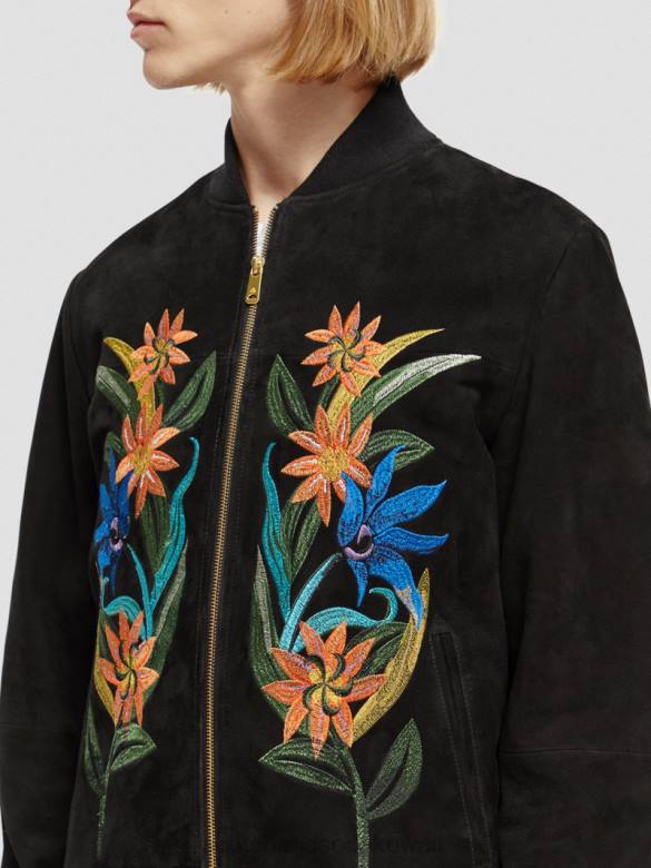 ملابس Scotch & Soda سترة بومبر مطرزة من جلد الغزال أسود رجال N0V4563