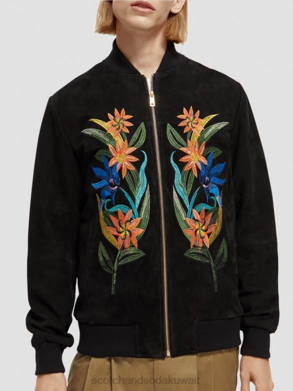 ملابس Scotch & Soda سترة بومبر مطرزة من جلد الغزال أسود رجال N0V4563