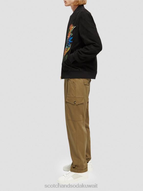 ملابس Scotch & Soda سترة بومبر مطرزة من جلد الغزال أسود رجال N0V4563