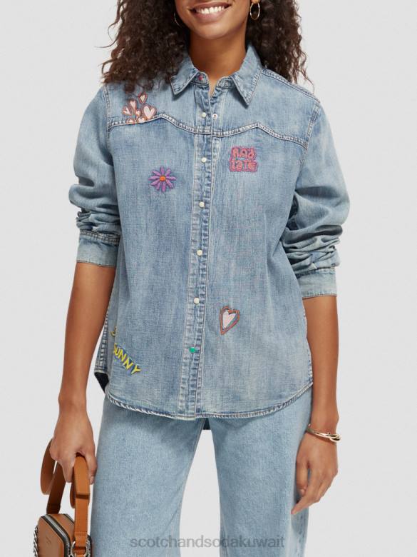 ملابس Scotch & Soda قميص الدنيم الفني الغربي النيلي المغسول نحيف N0V457