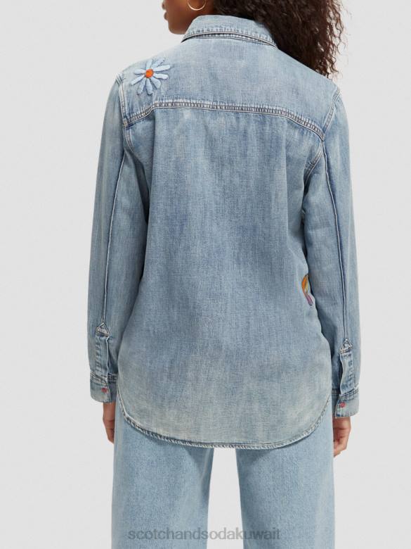 ملابس Scotch & Soda قميص الدنيم الفني الغربي النيلي المغسول نحيف N0V457