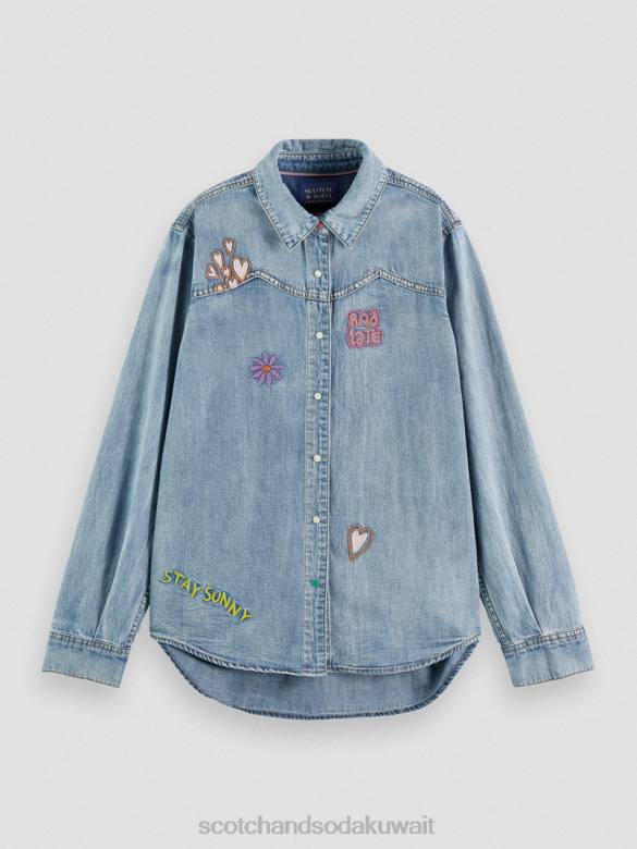 ملابس Scotch & Soda قميص الدنيم الفني الغربي النيلي المغسول نحيف N0V457