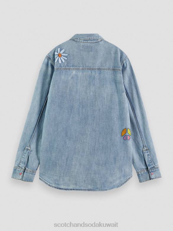 ملابس Scotch & Soda قميص الدنيم الفني الغربي النيلي المغسول نحيف N0V457