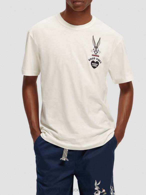 ملابس Scotch & Soda تي شيرت لوني تونز برسومات مطرزة عضوية قبالة الأبيض نحيف N0V459