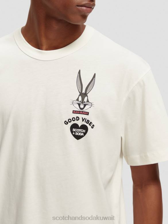 ملابس Scotch & Soda تي شيرت لوني تونز برسومات مطرزة عضوية قبالة الأبيض نحيف N0V459