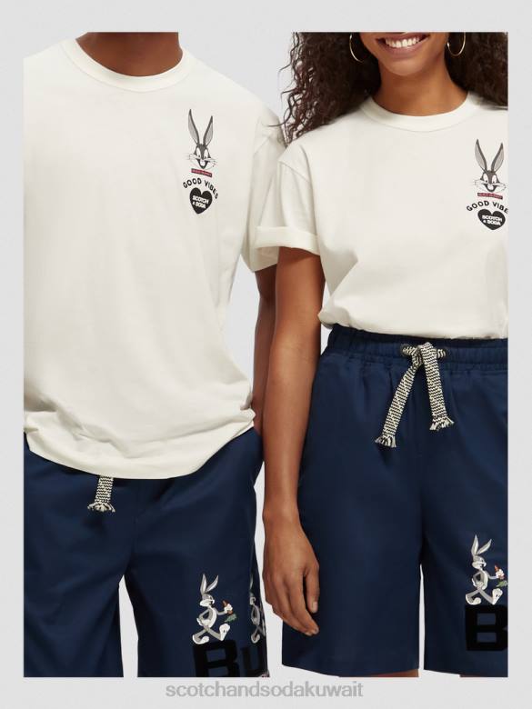 ملابس Scotch & Soda تي شيرت لوني تونز برسومات مطرزة عضوية قبالة الأبيض نحيف N0V459