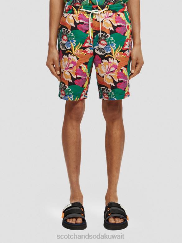 ملابس Scotch & Soda شورت برمودا من مزيج الكتان المفضل الأزهار السوداء رجال N0V4611