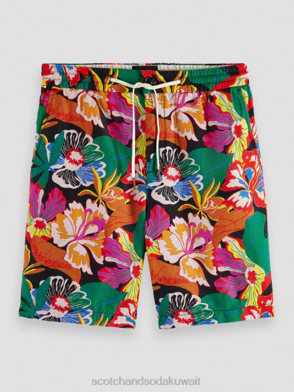 ملابس Scotch & Soda شورت برمودا من مزيج الكتان المفضل الأزهار السوداء رجال N0V4611