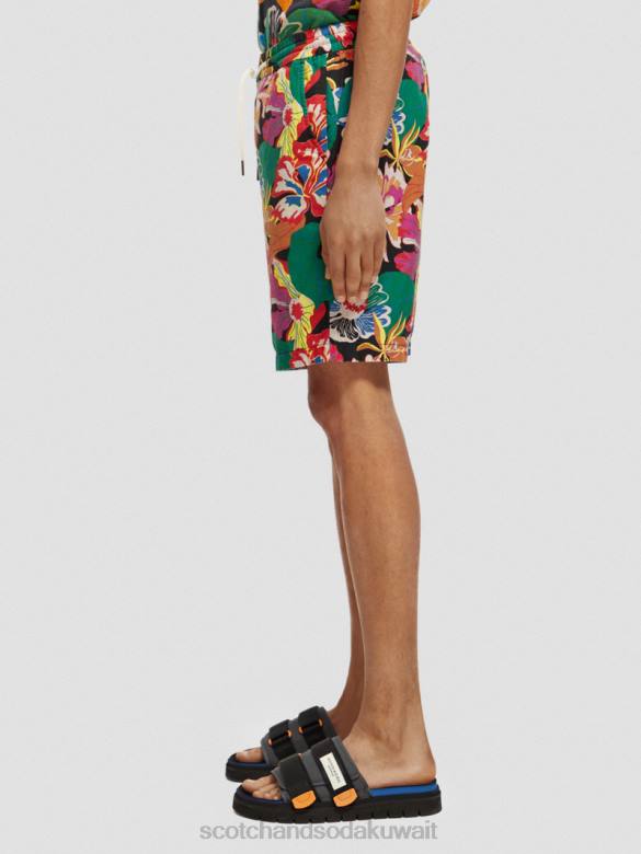 ملابس Scotch & Soda شورت برمودا من مزيج الكتان المفضل الأزهار السوداء رجال N0V4611
