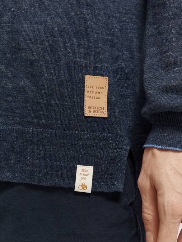 ملابس Scotch & Soda سترة بياقة دائرية من مزيج الكتان مزيج البحرية رجال N0V4651