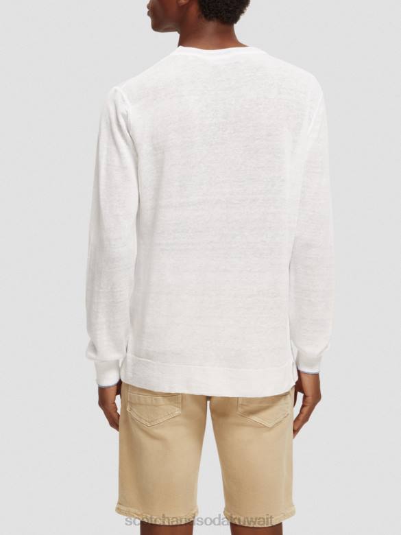 ملابس Scotch & Soda سترة بياقة دائرية من مزيج الكتان أبيض رجال N0V4652