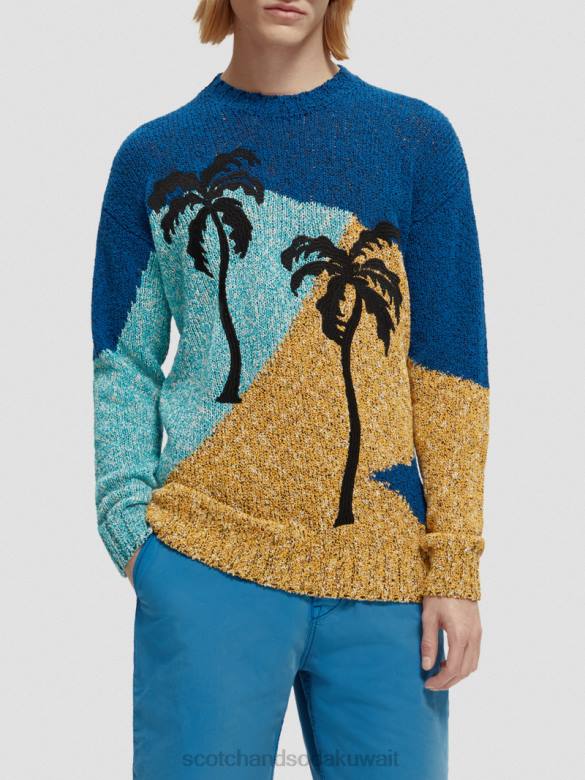 ملابس Scotch & Soda سترة بياقة دائرية عمل فني متباين الألوان نخيل متعددة رجال N0V4655