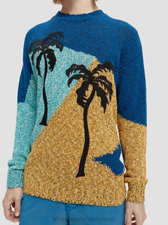 ملابس Scotch & Soda سترة بياقة دائرية عمل فني متباين الألوان نخيل متعددة رجال N0V4655