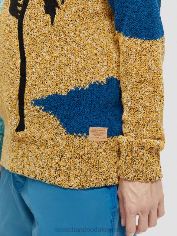 ملابس Scotch & Soda سترة بياقة دائرية عمل فني متباين الألوان نخيل متعددة رجال N0V4655