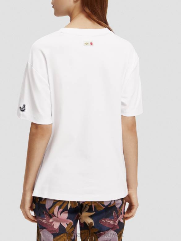 ملابس Scotch & Soda تي شيرت فضفاض مناسب للعمل الفني أبيض نحيف N0V465