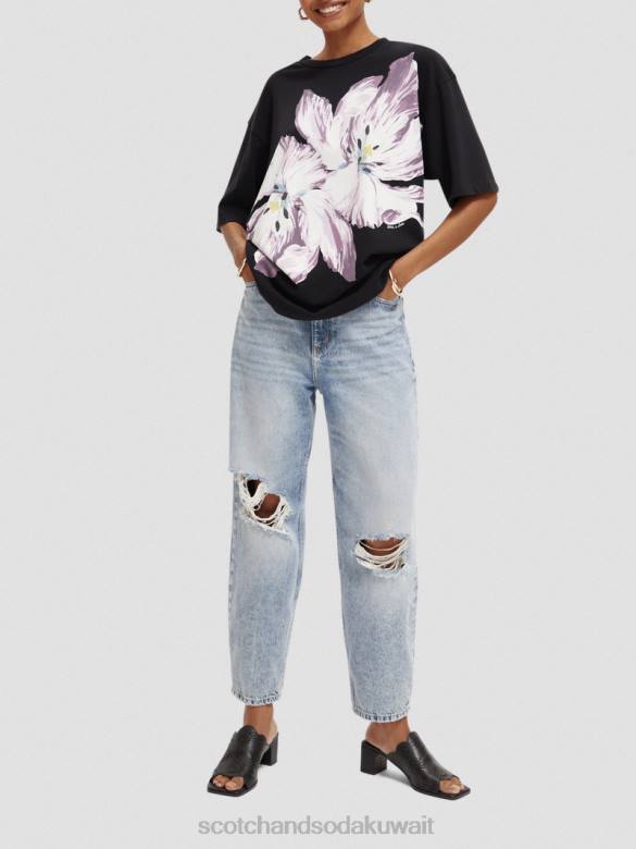 ملابس Scotch & Soda تي شيرت عضوي كبير الحجم بأعمال فنية زهرية الخزامى التوأم العقيق الأسود نحيف N0V466