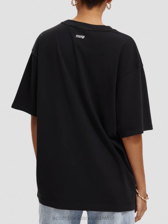 ملابس Scotch & Soda تي شيرت عضوي كبير الحجم بأعمال فنية زهرية الخزامى التوأم العقيق الأسود نحيف N0V466