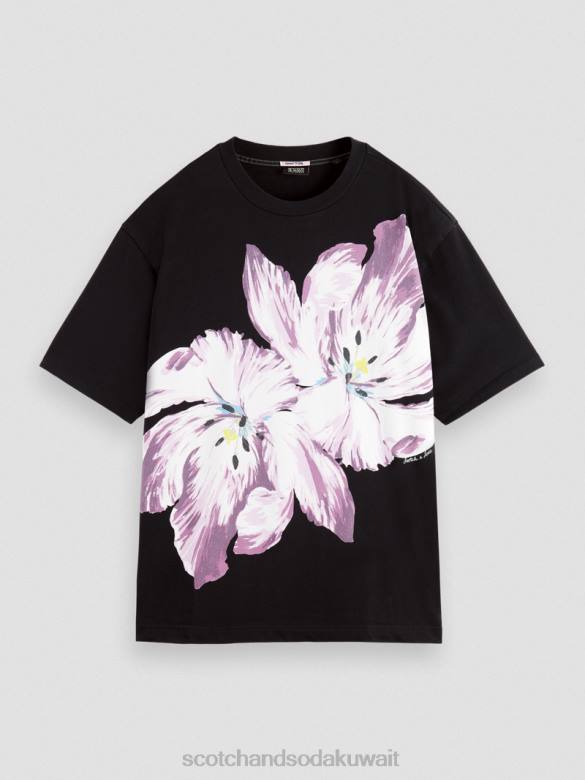 ملابس Scotch & Soda تي شيرت عضوي كبير الحجم بأعمال فنية زهرية الخزامى التوأم العقيق الأسود نحيف N0V466