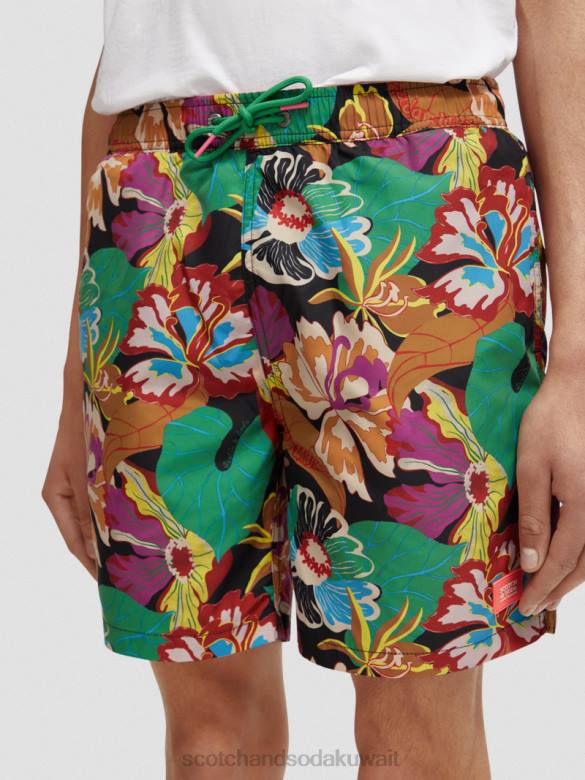 ملابس Scotch & Soda شورت سباحة مطبوع متوسط ​​الطول الأزهار السوداء رجال N0V4673