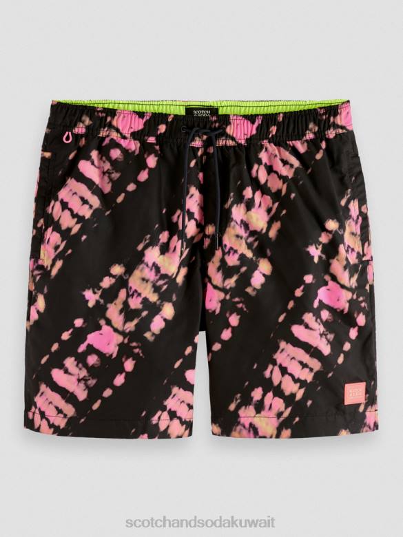 ملابس Scotch & Soda شورت سباحة متوسط ​​الطول مطبوع ومصبوغ صبغة ربطة عنق سوداء رجال N0V4686