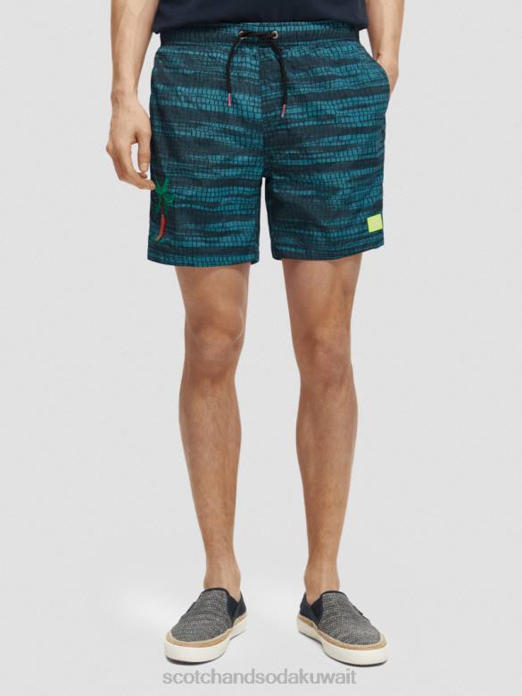 ملابس Scotch & Soda شورت سباحة متوسط ​​الطول مطبوع شريط أزرق رجال N0V4690