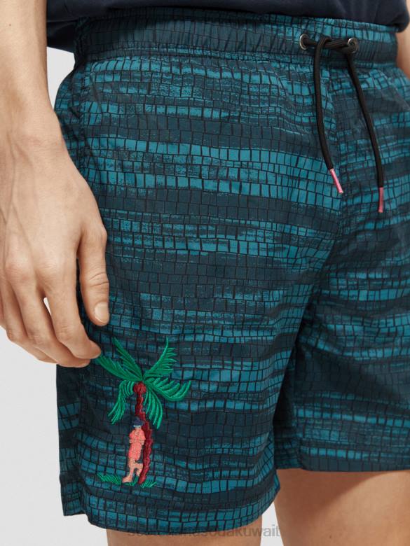 ملابس Scotch & Soda شورت سباحة متوسط ​​الطول مطبوع شريط أزرق رجال N0V4690