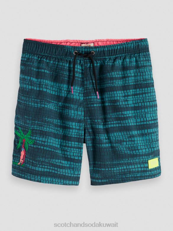 ملابس Scotch & Soda شورت سباحة متوسط ​​الطول مطبوع شريط أزرق رجال N0V4690