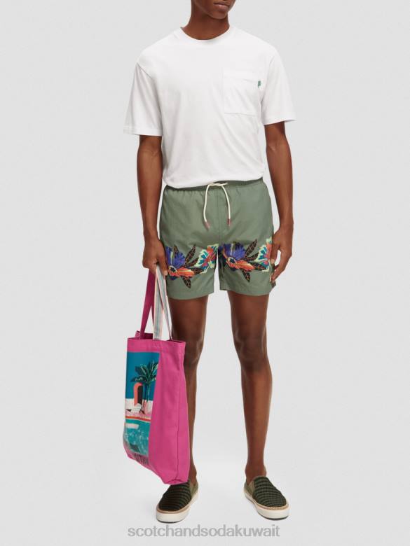 ملابس Scotch & Soda شورت سباحة متوسط ​​الطول مطبوع الطباعة الخضراء رجال N0V4693