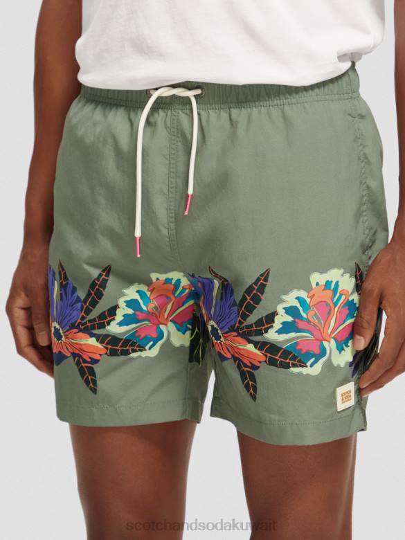 ملابس Scotch & Soda شورت سباحة متوسط ​​الطول مطبوع الطباعة الخضراء رجال N0V4693