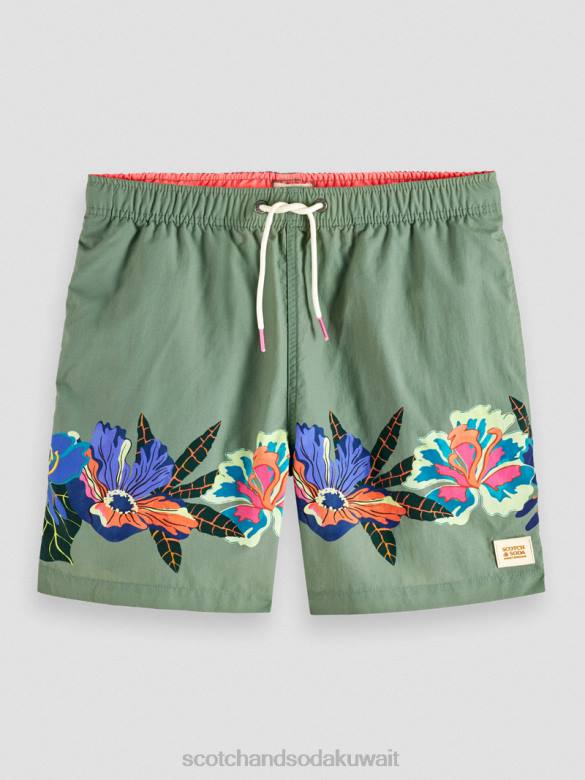 ملابس Scotch & Soda شورت سباحة متوسط ​​الطول مطبوع الطباعة الخضراء رجال N0V4693