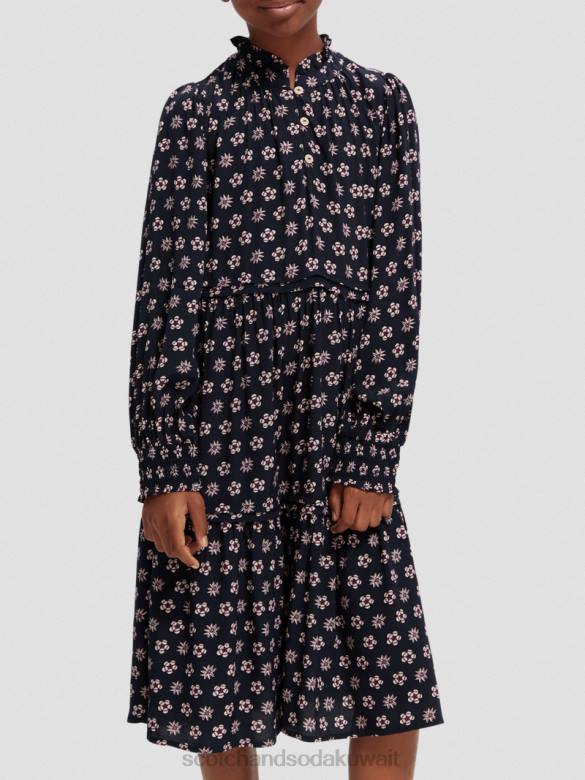 ملابس Scotch & Soda فستان ميدي مطبوع بأكمام طويلة زهرة الليل المرقعة أطفال N0V4725