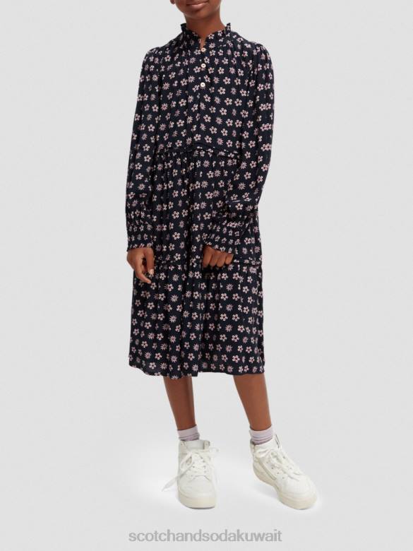 ملابس Scotch & Soda فستان ميدي مطبوع بأكمام طويلة زهرة الليل المرقعة أطفال N0V4725
