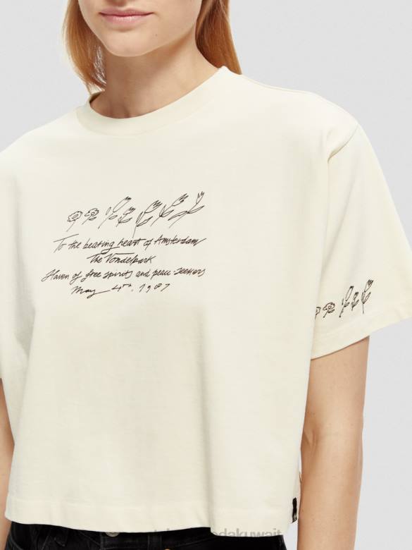 ملابس Scotch & Soda تي شيرت مطرز الفانيليا البيضاء نحيف N0V472