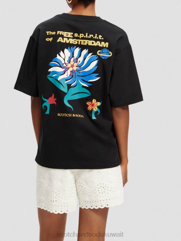 ملابس Scotch & Soda تي شيرت فضفاض من القطن العضوي بتصميم فني أسود نحيف N0V475