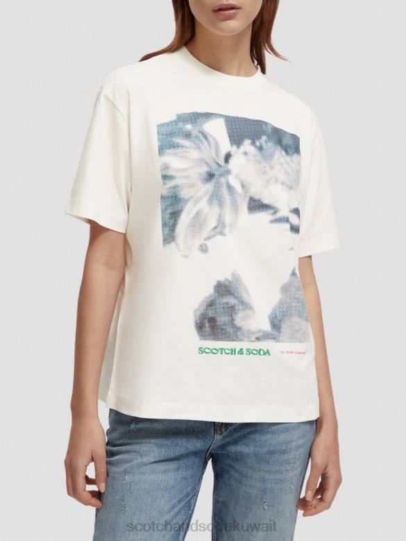 ملابس Scotch & Soda تي شيرت فضفاض مناسب للعمل الفني الفانيليا البيضاء نحيف N0V476