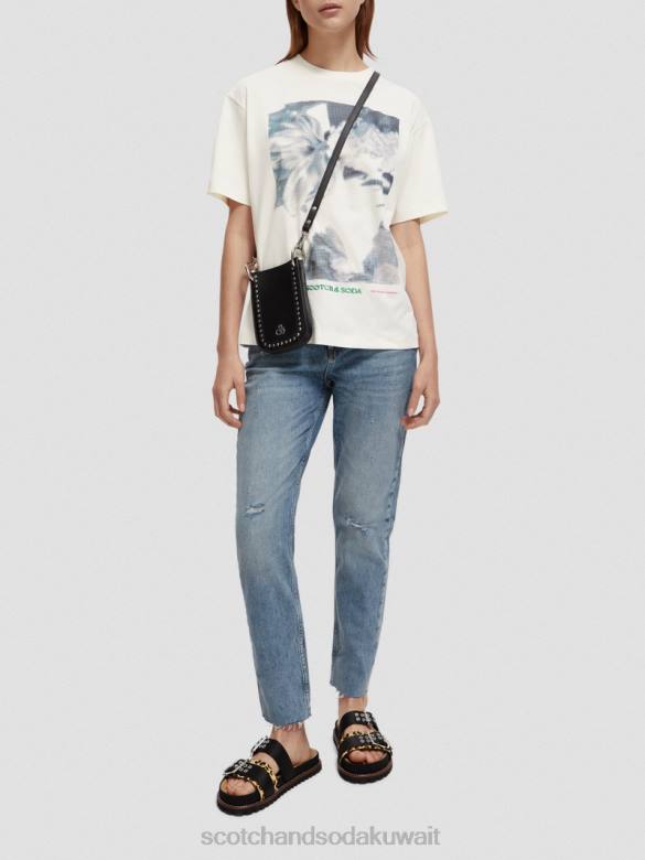 ملابس Scotch & Soda تي شيرت فضفاض مناسب للعمل الفني الفانيليا البيضاء نحيف N0V476