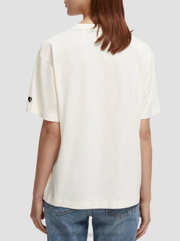 ملابس Scotch & Soda تي شيرت فضفاض مناسب للعمل الفني الفانيليا البيضاء نحيف N0V476