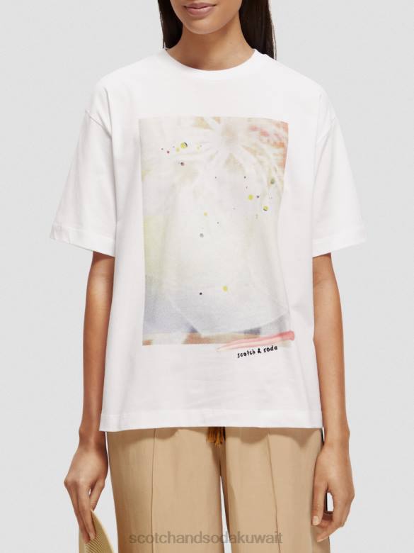 ملابس Scotch & Soda تي شيرت فضفاض مناسب للعمل الفني أبيض نحيف N0V477
