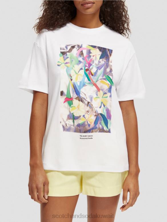 ملابس Scotch & Soda تي شيرت فضفاض مناسب للعمل الفني أبيض نحيف N0V492