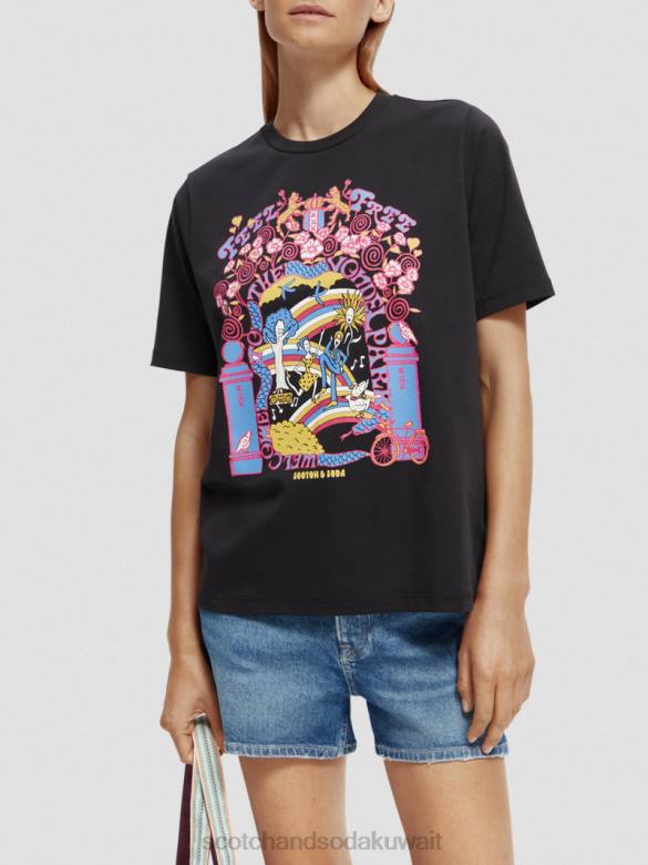 ملابس Scotch & Soda تي شيرت مريح من القطن العضوي بتصميم فني أسود نحيف N0V497