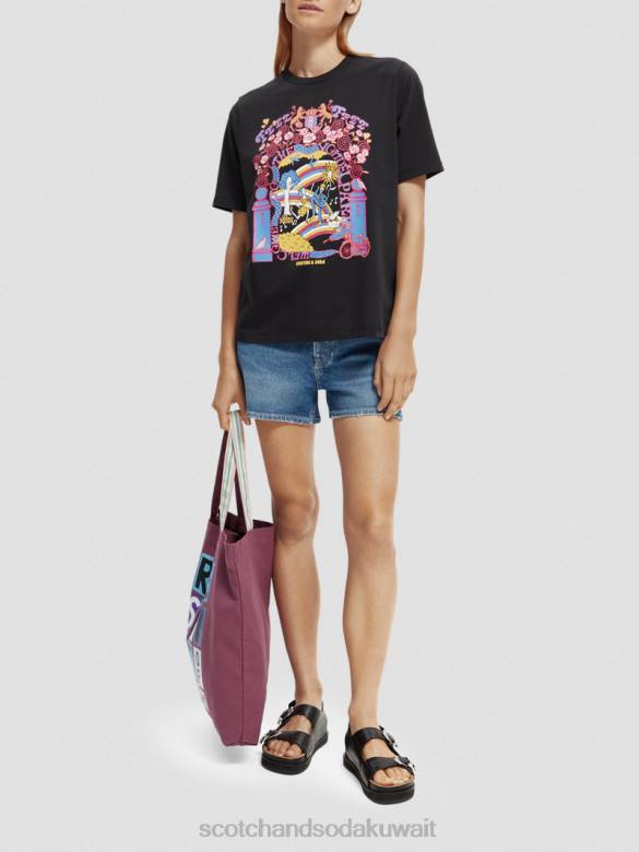 ملابس Scotch & Soda تي شيرت مريح من القطن العضوي بتصميم فني أسود نحيف N0V497