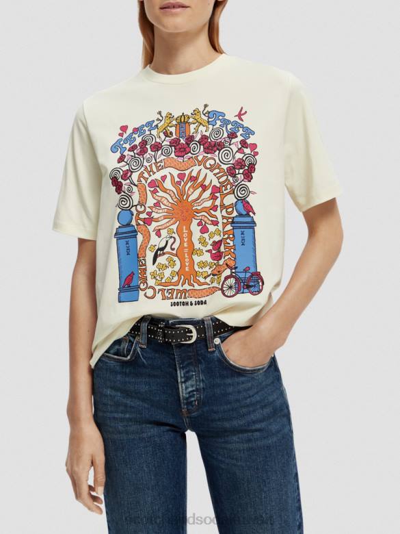 ملابس Scotch & Soda تي شيرت مريح من القطن العضوي بتصميم فني أبيض نحيف N0V498