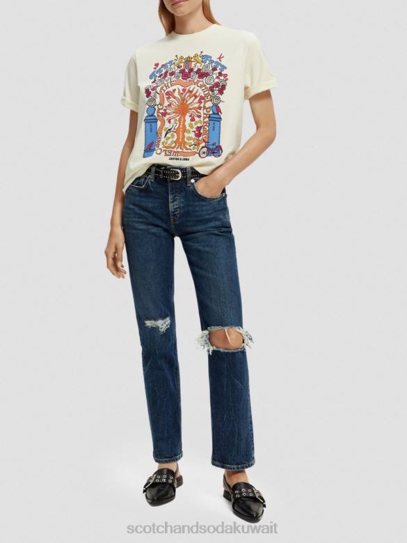 ملابس Scotch & Soda تي شيرت مريح من القطن العضوي بتصميم فني أبيض نحيف N0V498