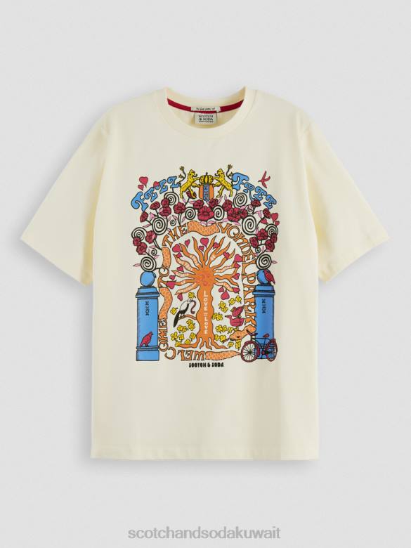 ملابس Scotch & Soda تي شيرت مريح من القطن العضوي بتصميم فني أبيض نحيف N0V498