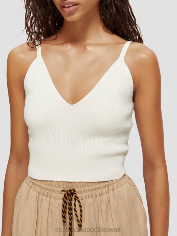 ملابس Scotch & Soda بلوزة قصيرة محبوكة برقبة على شكل حرف V الفانيليا البيضاء نحيف N0V4118