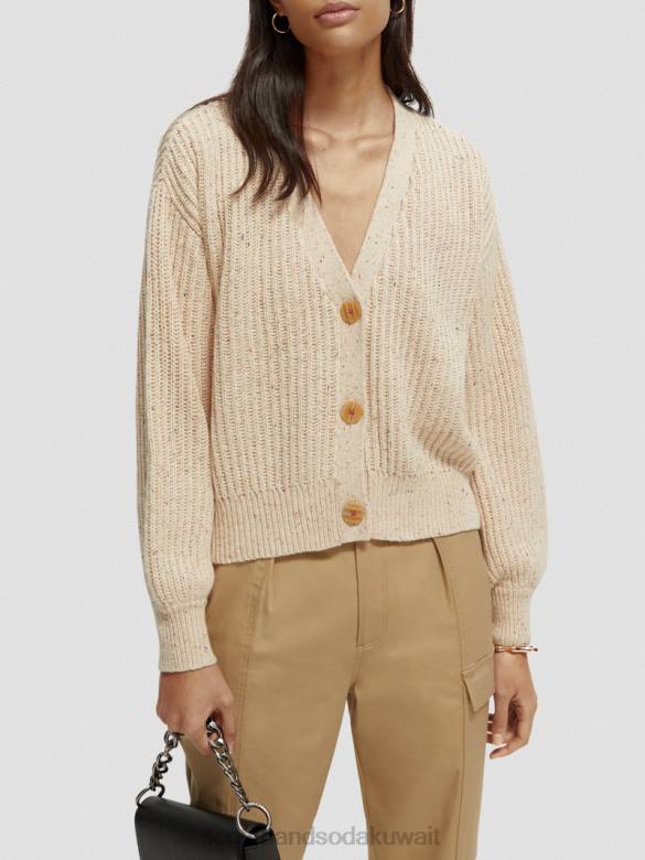 ملابس Scotch & Soda سترة محبوكة مضلعة برقبة على شكل حرف V رمال بيضاء نحيف N0V4128