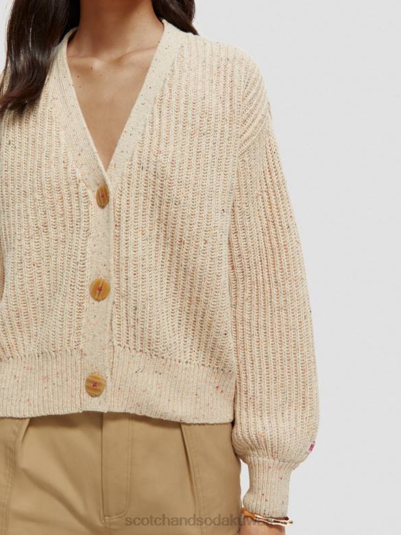 ملابس Scotch & Soda سترة محبوكة مضلعة برقبة على شكل حرف V رمال بيضاء نحيف N0V4128