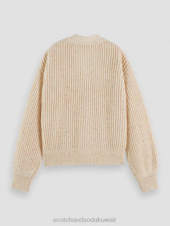 ملابس Scotch & Soda سترة محبوكة مضلعة برقبة على شكل حرف V رمال بيضاء نحيف N0V4128